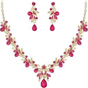 Women's Wedding Jewelry Set Leaf Flower Crystal Pendant Necklace Earrings